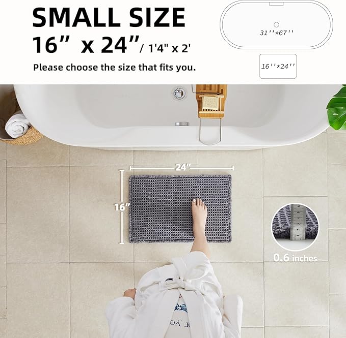 TYUU Waffle Bath Mat, Boho Bathroom Rugs Non Slip Washable Super Absorbent Quick Dry Bath Mat Farmhouse Bathroom Decor, 24"x16" Grey