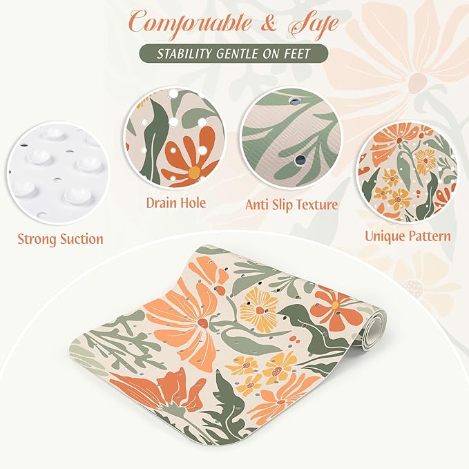 SHUCHING Boho Bath Mat for Tub Non Slip-40 X 16Inch, Flower Bathtub Mat Anti Slip for Women, Extra Long Shower Mat for Bathroom Mold Free, Machine Washable