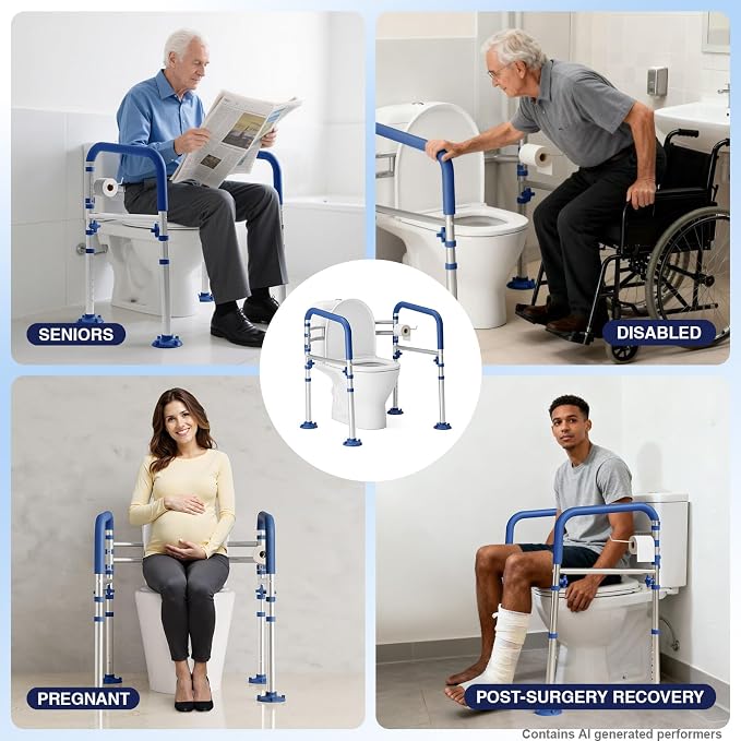 Loyoda Foldable Toilet Safety Rails for Seniors, Height & Width Adjustable | Safety Frame & Toilet Handles for Elderly & Disabled, Fits Most Toilets, 350lb Capacity, Blue