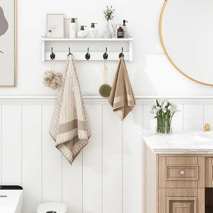 Homode Coat Rack with Shelf Wall Mount, 24 Inch Long Wall Shelf with Hooks Underneath, Wood Hanging Coat Hanger with Hat Shelves for Entryway, Bathroom, Mudroom, White