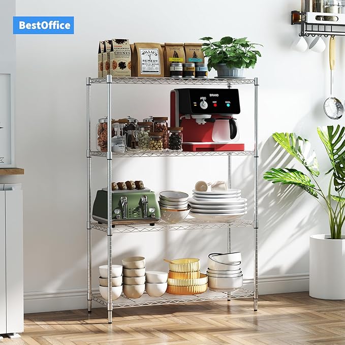 BestOffice | 4-Tier Wire Storage Shelves | 36x14x54 | Chrome | with Adjustable Racks | Heavy-Duty Metal Shelf, Holds Upto 1000 lbs | No-Tool Assembly | Ideal for Home & Garage Shelving