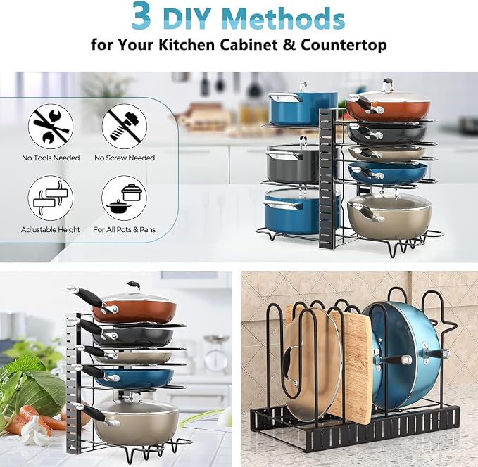 ORDORA Pots and Pans Organizer for Cabinet 16.61 Height 2 Pack, 8 Tier Pot Organizers Rack with 3 DIY Methods, Adjustable Pan Organizer under Cabinet Kitchen Organization and Storage