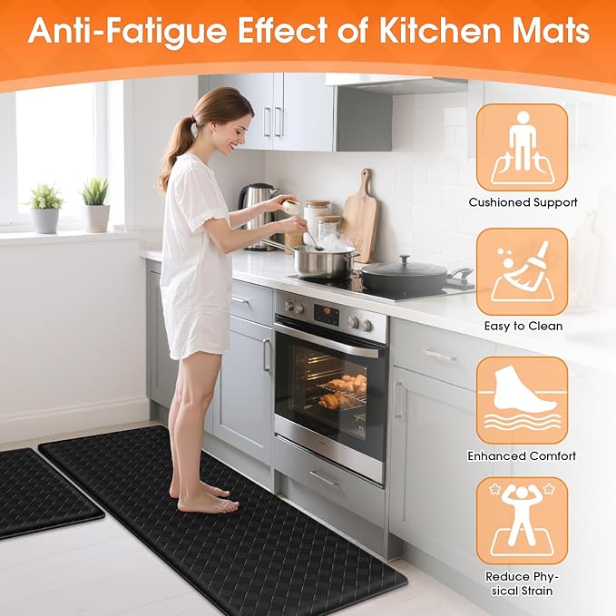 TranquilRelax 2-Piece Anti-Fatigue Kitchen Mats, Cushioned Non-Slip Waterproof Sink & Stove Floor Mats, Comfortable Standing Rug Set for Kitchen, Laundry & Entryway Black
