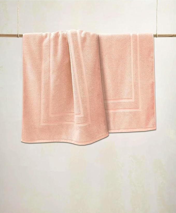 Feather & Stitch 2 Piece Towel Like Bath Mats (30x21 Inch) 100% Cotton Terry Bath Mats, Bathroom Shower Floor Mats [NOT A Bathroom Rug], Soft Absorbent Washable Mats - Pale Peach