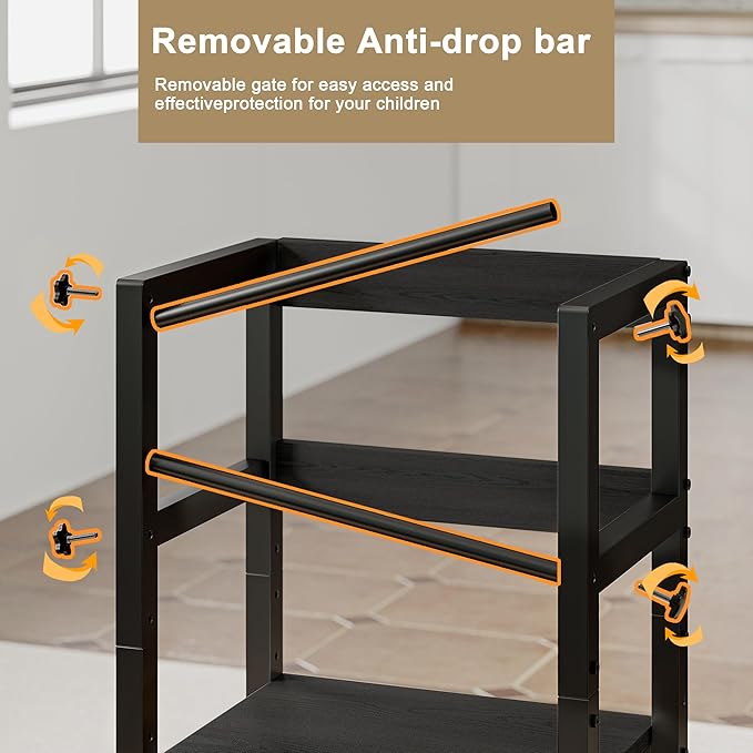 INNOD Kitchen Step Stool for Toddlers, Height Adjustable Toddler Tower with Safety Rail, Steel and Wood Toddler Kitchen Stool Helper Kids, Stool for Kids, Learning Tower, Kids' Desk Black