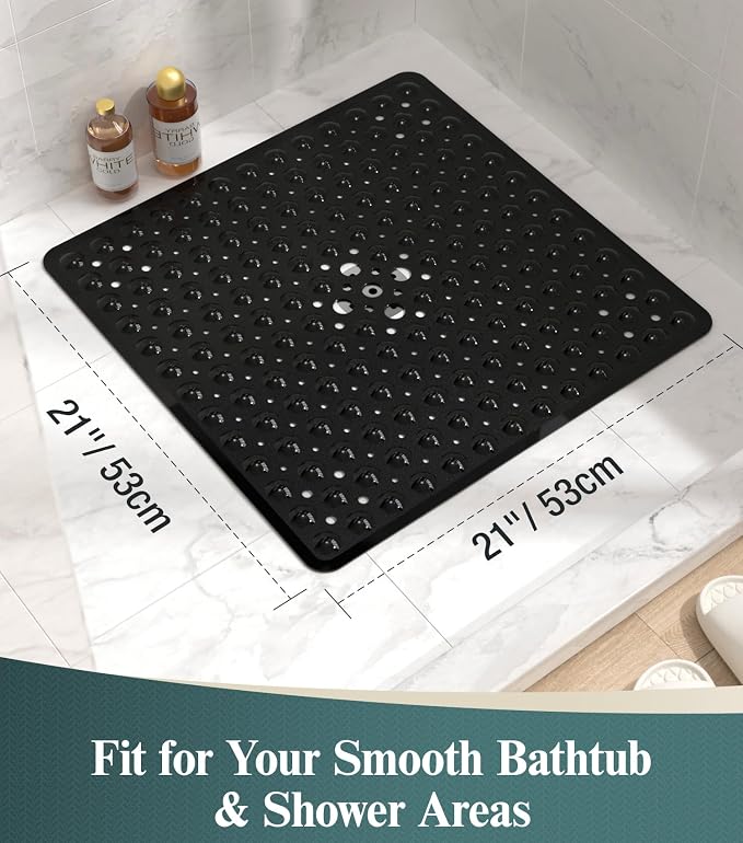 HITSLAM 21x21 Inch Square Shower Mat Non Slip, Anti Slip Bathtub Mat with Strong Suction Cups & Drainage Holes, Machine Washable Bathroom Floor Mat for Inside Shower Stall and Tub, Black