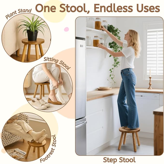 Youeon 12 Inch Round Solid Wooden Step Stool, Non-Slip One Step Stool for Adults, Holds up to 300 Lbs, Portable & Sturdy, Footstool for Bedroom, Bathroom, Kitchen, Easy to Assemble