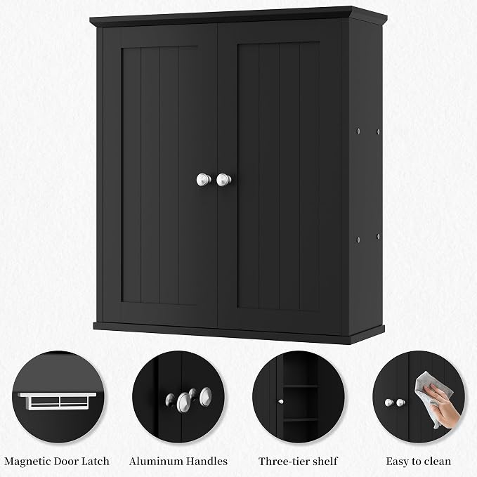 Shintenchi Bathroom Wall Medicine Cabinet with 2 Door, Bathroom Storage Organizer Over The Toilet,Space Saving Storage with 3-Tier Shelves,Solid Black