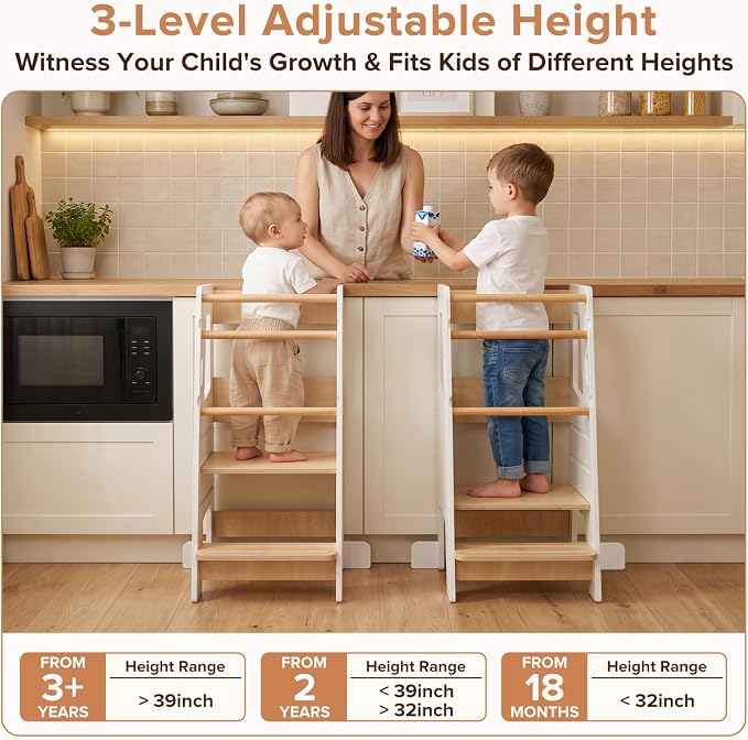 EHHLY Toddler Standing Tower Kitchen Helper – Extra Safe Adjustable 3-Level Learning Tower, Stable Wooden Toddler Kitchen Stool and Step Stool for Independent Learning (White)
