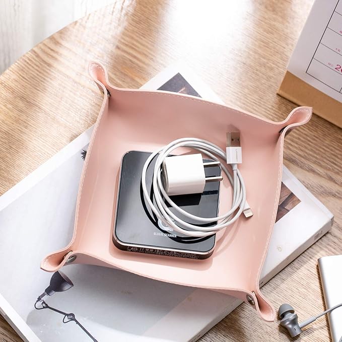 Leather Jewelry Valet Tray for Women and Man, Entryway Table Bedside Nightstand Desk Portable Small Catchall Travel Dish Plate for Key,Wallet,Watch,Phone,Coin(Pink-B)
