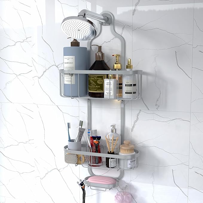 Bathroom Hanging Shower Organizer, Over Head Shower Caddy Shower Storage Rack Basket with Hooks for Razor and Sponge Rustproof, Silver [Patented]