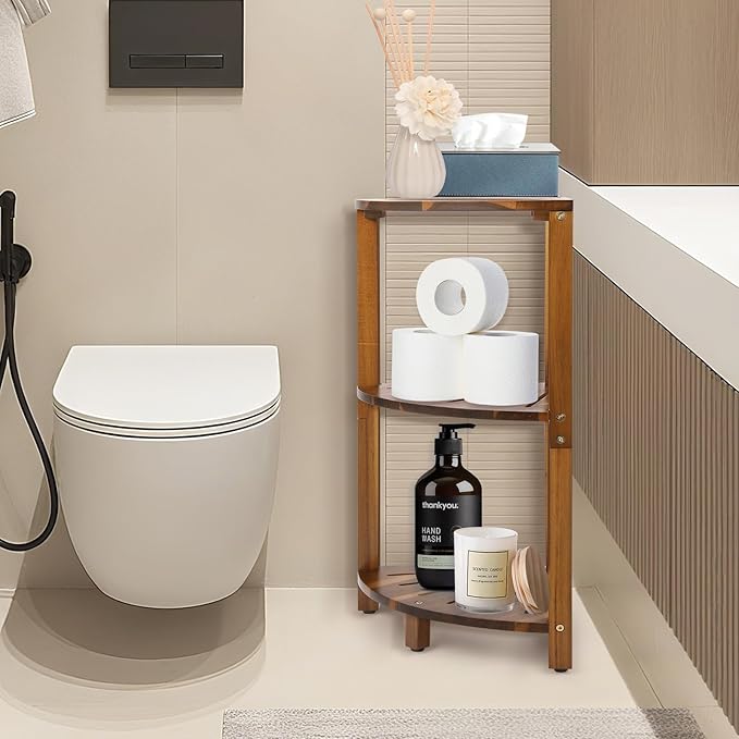 IBosins Corner Shower Caddy Standing 3-Tier Bathroom Shower Stool Shelf for Inside Shower Natural Acacia Wood Organizer & Storage for Bedroom Living Room Kitchen