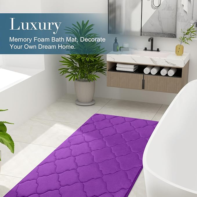 OLANLY Memory Foam Bath Mat Rug 47x24, Ultra Soft and Absorbent Bathroom Rugs, Non-Slip, Comfortable, Machine Washable Bath Carpet for Bathroom Floor, Tub, Shower and Home Decor Accessories, Purple