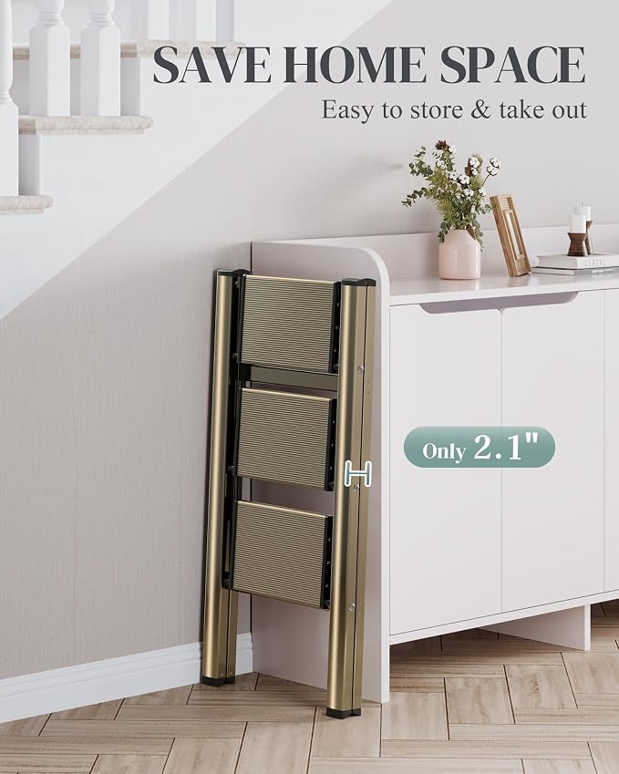 3 Step Ladder, Folding Step Stool with Wider Pedal, Anti-Slip Feet & Non Slip Stripes, Aluminum Sturdy Material, 300Lbs Capacity, Elegant Look of Champagne Gold Better Matches Your Home