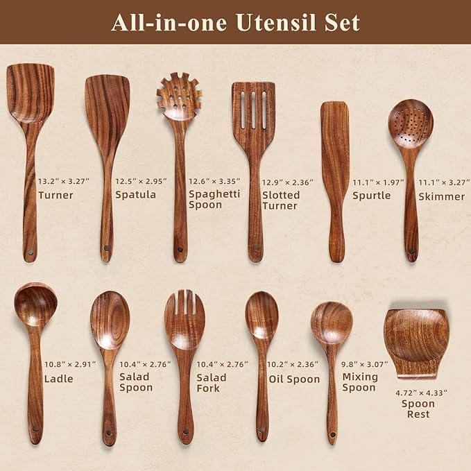 Wooden Spoons for Cooking, 12 Pcs Teak Wood Kitchen Utensils Set with Spoon Rest - Nonstick Heat Resistant Wooden Cooking Utensils, Natural Healthy Spatula Set for Pots and Pans