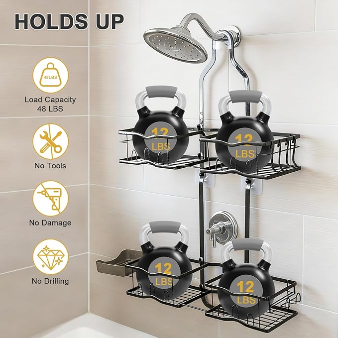 Shower Caddy Hanging Organizer, Rustproof Over Shower Head Caddy Holder with Hooks for Razor/Sponge, No Drilling Bathroom Racks Bath Storage Shelves for Shampoo Soap Towels, Black