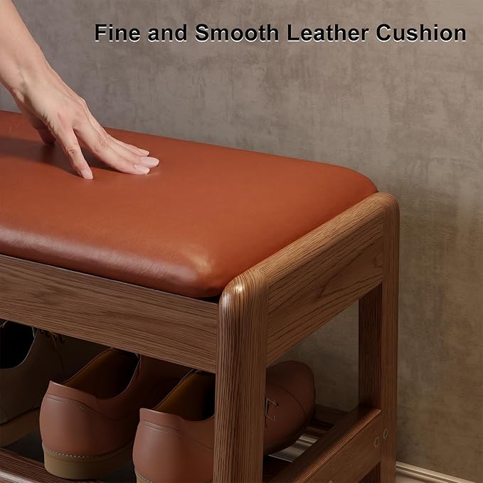 AQIMUELE Shoe Rack Bench,2 Tiers Shoe Bench with Storage with Flip-Top,Wood Shoe Rack for Entryway,Hallway（Orange Upholstered Seat,11.8" D x 39.3" W x 15.7" H）