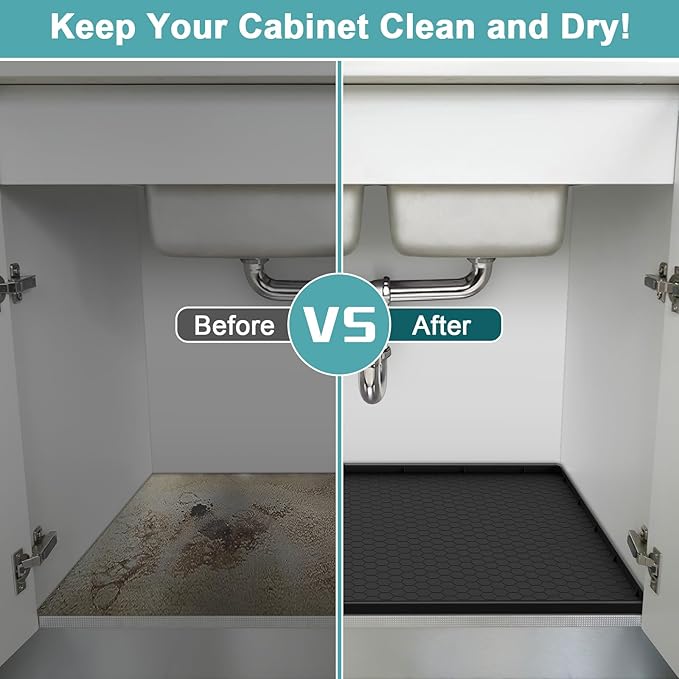 Under Sink Mats for Kitchen Waterproof, 34" x 22" Silicone Under Kitchen Sink Mats and Protectors for Cabinets, Under Sink Tray Organizer, Shelf Liners Cabinet Liner for Kitchen and Bathroom, Black