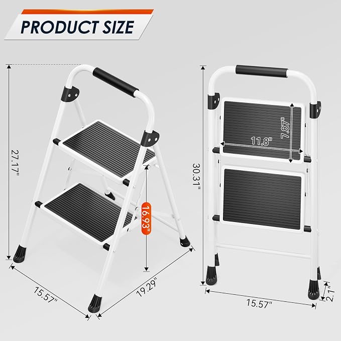 Urackify Step Ladder, 2 Step Ladder with Anti-Slip and Wide Pedal, Portable Foldable Step Stool with Handgrip, Sturdy Step Ladder for Home Kitchen Household, White