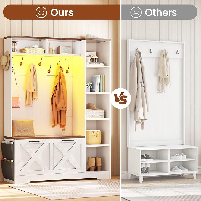 Itaar Hall Tree with Bench and Shoe Storage, Farmhouse Entryway Bench with Coat Rack, Shoe Cabinet with Flip Drawers, 7 Shelves, 10 Coat Hooks, Storage Bag, Led Lights, White