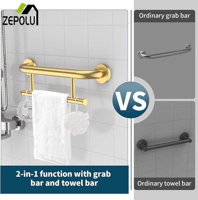 Brushed Gold Grab bar 17 inch - 1.25” Diameter, Zepolu 2-in-1 Bath Towel Bars for Bathroom, Stainless Steel Safety Assist Bar Balanced Support Handle, Wall Mounted Towel Grab Bars for Senior Handicap