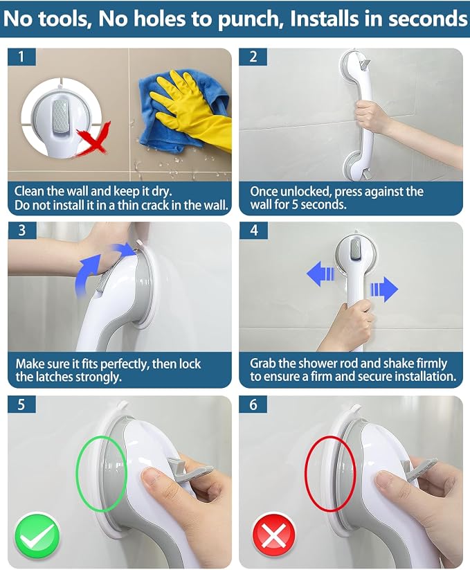 Shower Grab Bars, 2 Pack 16.2 inch Suction Cup Grab Bar for Bathtubs Showers for Wall, Shower Handrails for Seniors, Heavy Suction Cup Grabs Bar,Duty Showers Handle Removable, Bathroom Safety Grip