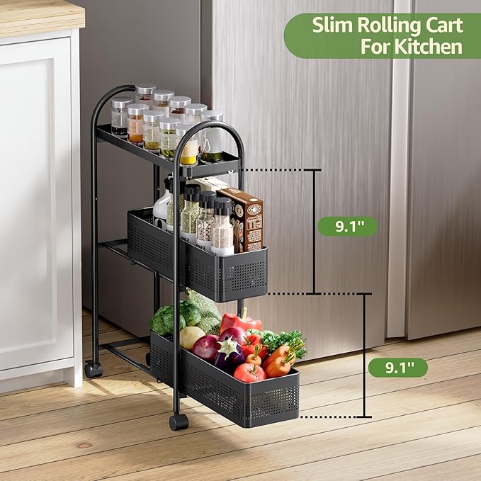 KINGRACK 3-Tier Slim Kitchen Storage Cart, Metal Utility Cart with Drawer, Rolling Trolley with Lockable Wheels, Easy Assembly Narrow Space Shelving for Kitchen Bathroom Laundry Room, Black