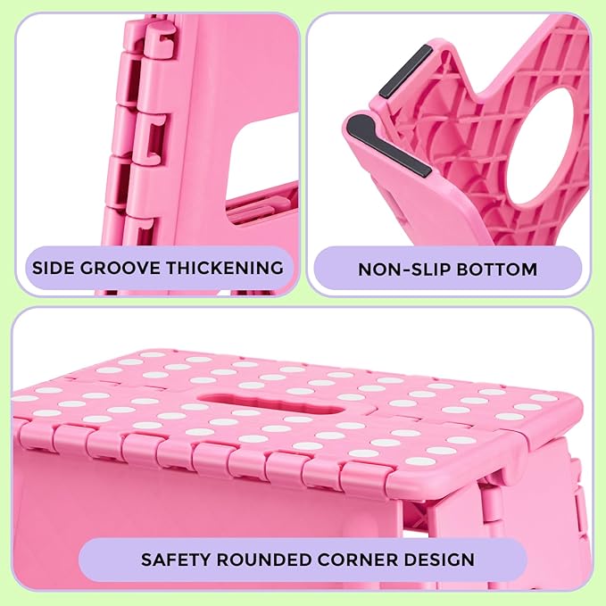 Dyforce Non-Slip Folding Step Stool - 13 inch Height Heavy Duty Foldable Stool for Adults Kids, Plastic Step Stool Camping Stepping Stool - Pink