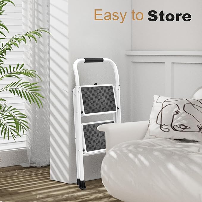 HBTower Step Ladder, Folding Step Stool with Wide Anti-Slip Pedal, Sturdy Steel Ladder, Convenient Handrail, Lightweight, Portable Steel Step Stool