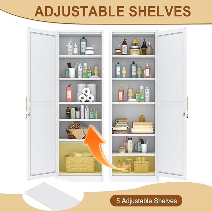 Tall Metal Narrow Bathroom Storage Locker Cabinet 67" H, Tall White Pantry Cabinets with 5 Adjustable Shelves and Lockable Doors for Kitchen, Home Office, Living Room, Dining Room
