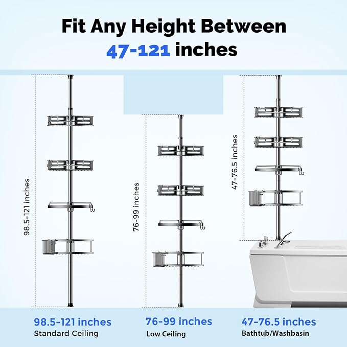 HAMITOR Corner Shower Caddy Tension Pole: Quick Installation 4-Tier Rustproof Bathroom Organizer Shelves for Bathtub Shampoo Storage - 47-121 inch Adjustable Floor Standing Bath Rack Holder Gray