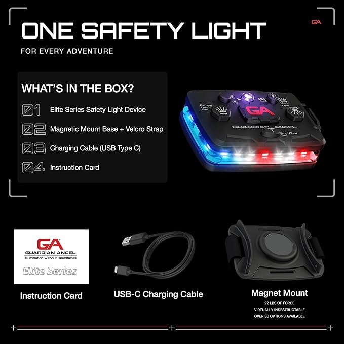 Guardian Angel Elite Series Safety Light, Infrared-Hybrid (Red/Blue/White Front & Red/Blue Rear) - Rechargeable, Magnetic, Hands-Free Wearable Flashlight for Law Enforcement, First Responders & Fire