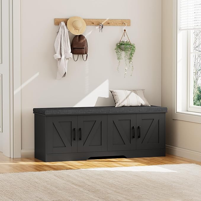 HOMSHO 2-Tier Storage Bench, 47.2" Wide Shoe Bench with Padded Seat Cushion, Entryway Bench with 4 Barn Doors and Adjustable Shelf, Black