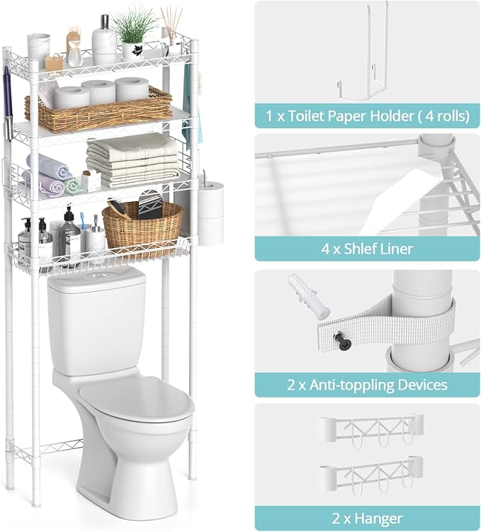 Hodonas Over The Toilet Storage, Adjustable Bathroom Organizer Shelves Space Saver Over Toilet, Sturdy 4 Tier Above Toilet Storage Rack, Freestanding Over-The-Toilet Storage Shelf, White