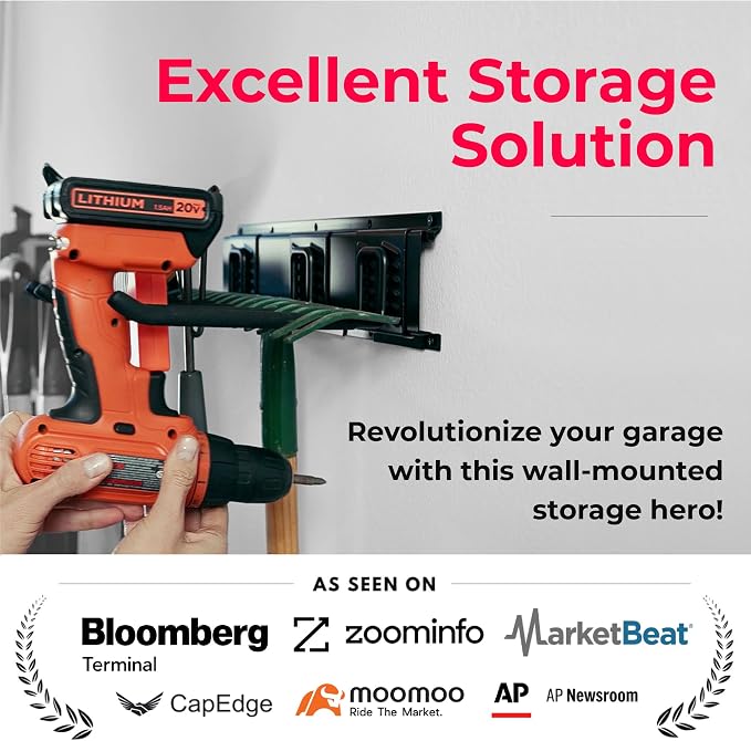 Heavy-Duty Garage Wall Storage System | Wall Mounted Tool Organizer Rack with Shelving | 10-Piece Mounting Kit | Includes 4x8.5” Adjustable Hooks & 2x16.5” Floating Utility Shelves