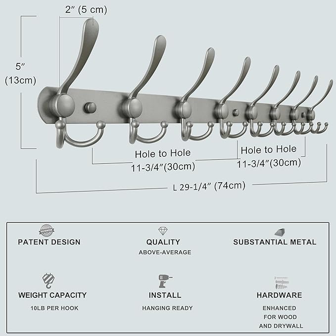 Dseap Coat Rack Wall Mount - 29.5” Long 8-Tri-Hooks Heavy Duty Coat Hanger Rail Wall Hooks for Hanging Coats Hats Clothing Clothes Purse Mudroom Entryway, Gray, Pack of 2