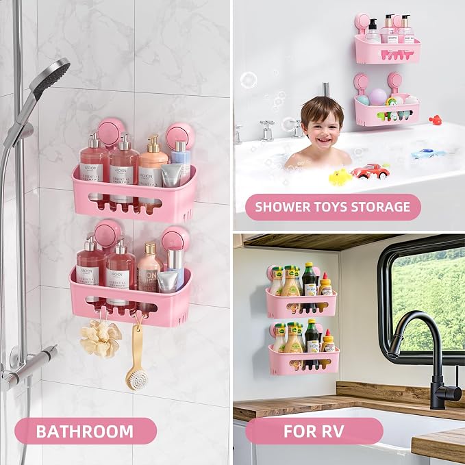 LEVERLOC Shower Caddy Suction Cup 2 Pack, Shower Organizer Removable Bathroom Shelf, Storage for Inside Shower Powerful Suction Max Hold 22lbs Waterproof Holder, Pink