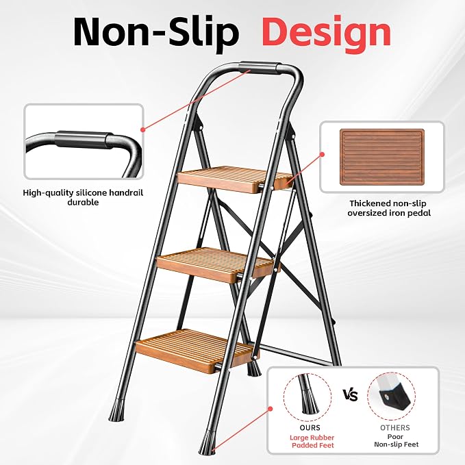 Step Ladder Foldable Folding Stool - for Home Adults Kitchen 3 Stepping Extension Tall Heavy Duty with Handrails - Closet Stepstool Stair Ladders Extendable Stepladder for Indoor House 600Lbs