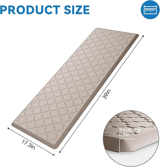 Kitchen Mat Cushioned Anti Fatigue for Floor, Non-Slip Waterproof Comfort Rug for Kitchen Sink, Standing Desk & Laundry, 17.3"x39", Khaki