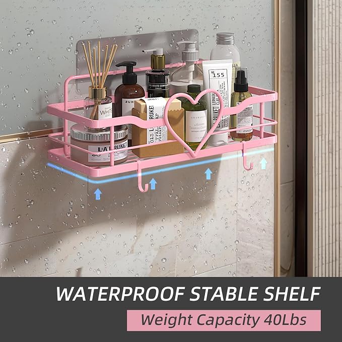 Pink Shower Caddy with 4 Removable Hooks, 2 Pack Sweet Heart Shower Shelves,No Drilling Adhesive Organizer Shelf for Bathroom Shower,Kitchen,Bedroom