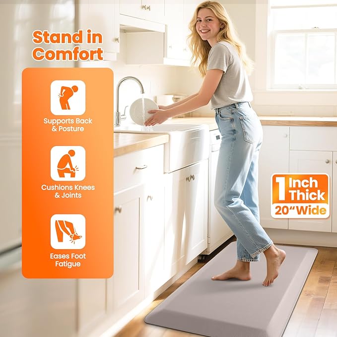 Kitchen Mats for Floor, 1 Inch Extra-Thick Kitchen Rugs, Non-Slip & Waterproof Standing Desk Mat, Comfort Anti Fatigue Mats for Kitchen Floor, Home, Sink, Office (20" X 32", Khaki)