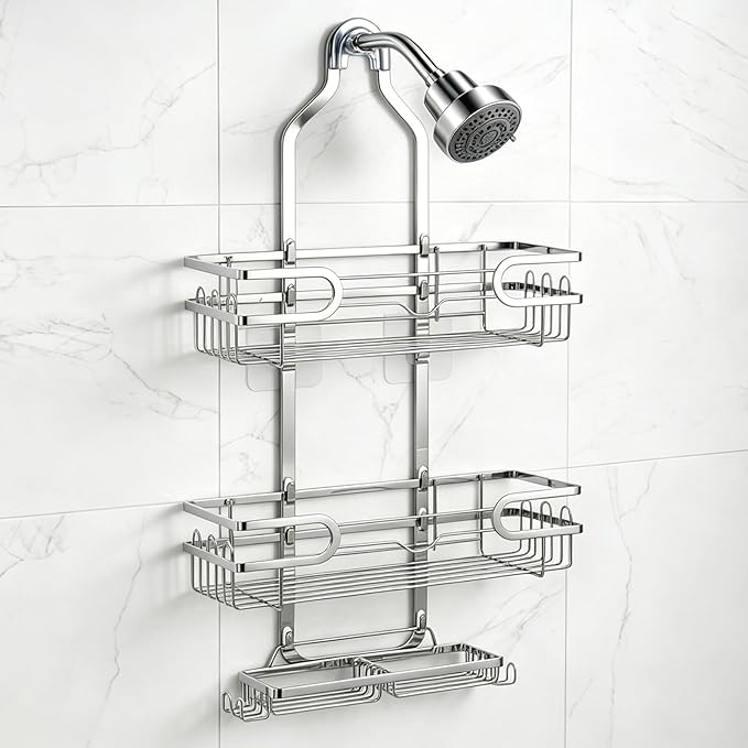 Shower Caddy Hanging, Over Head Shower Caddy Shower Storage Rack Basket with Hooks for Razor and Sponge Rustproof, No Drilling, Accessories for Bathroom and Kitchen, Chrome