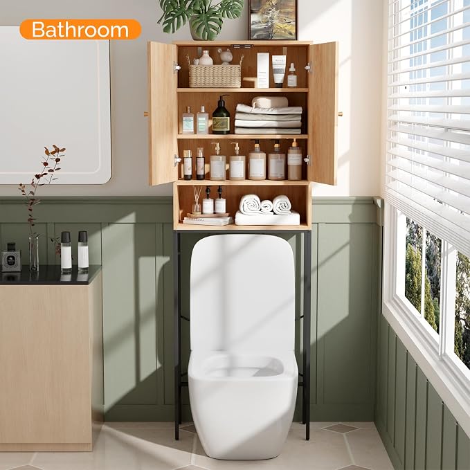 VINGLI Over The Toilet Storage Cabinet, Rattan Bathroom Organizer Behind Toilet,Above Metal Stand Rack Tall Freestanding Wood Cabinet with Wicker Doors,Adjustable Shelf for Bathroom,Restroom,Bohemian