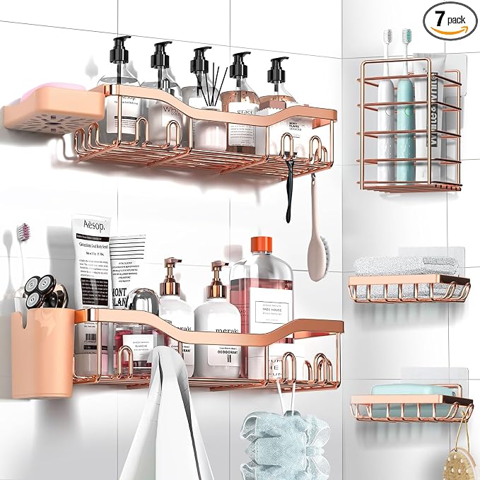NESOMI Shower Caddy Adhesive Shower Organizer 7-Pack, Rustproof Stainless Steel Bathroom Shelves, Large Capacity No-Drill Rack Storage Accessories with Soap Dish Toothbrush Holder Hooks