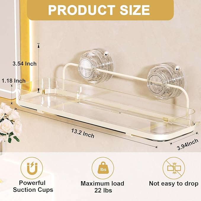 Suction Cup Shower Caddy, Wall Mounted No Drilling Bathroom Shower Organizers Storage Rack, Removable Shelves for Inside the Shower, Clear