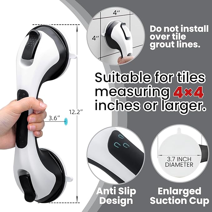 TAILI Shower Handles for Elderly Suction, 2 Pack 12 Inch Shower Grab Bars for Seniors, Grab Bars for Bathtubs and Showers, No Drilling Removable Safety Shower Grip, Black, G9