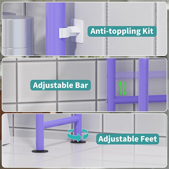 3-Tier Over The Toilet Storage Organizer, Space-Saving Bathroom Rack with Paper Holder & 4 Hooks, 64" Tall Freestanding Carbon Steel Shelf for Small Apartment Laundry Room (Purple)