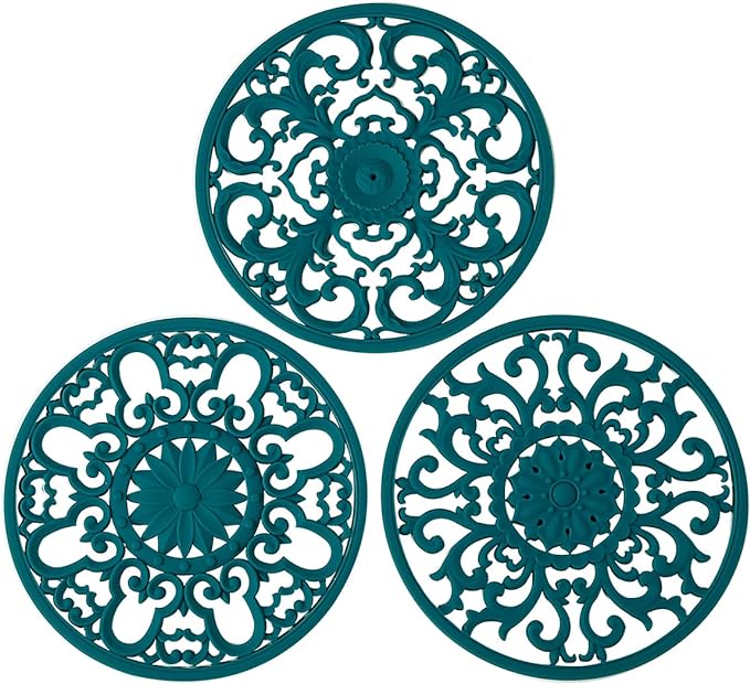 Extra Thick Silicone Trivet Mat for Hot Dishes, Hot Pots and Pans, Pot Holder, Hot Pad to Protect Your Table and Countertop, Kitchen Decor and Accessories,Teal, Set of 3