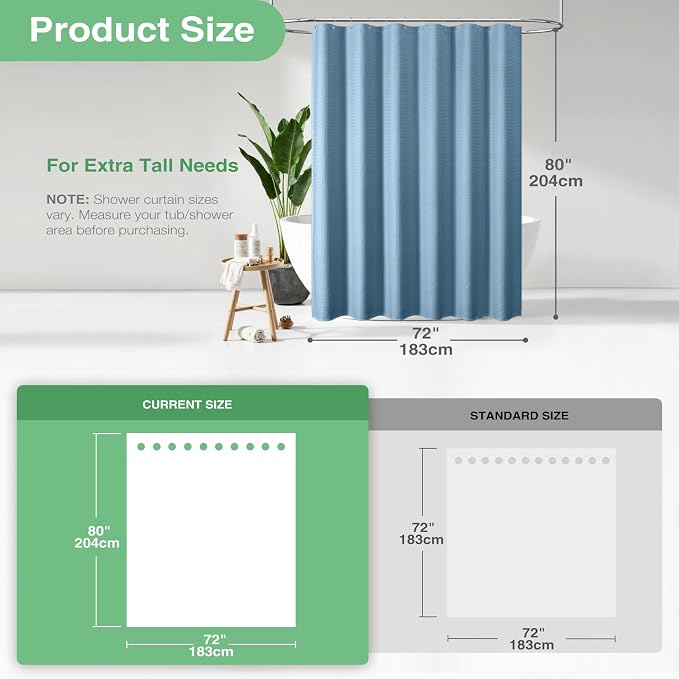 Dynamene Long Fabric Shower Curtain - Waffle Textured Tall Heavy Duty Cloth Shower Curtains for Bathroom, 256GSM Large Hotel Spa Luxury Bath Curtain Set with 12 Plastic Hooks(72Wx80H, Moonlight Blue)