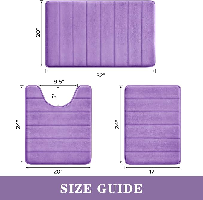 BYSURE Lavender Memory Foam Bathroom Rug Set 3 Piece, Non Slip Extra Soft Absorbent Machine Washable Toilet Bath Toilet Mat (17"x24"+20"x32"+U Shape 20"x24")